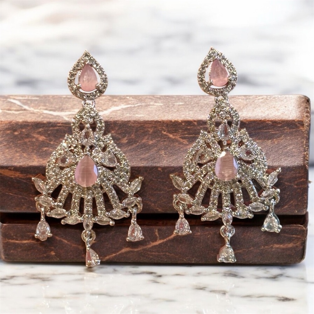 Elegant Silver and Pink Chandelier Earrings